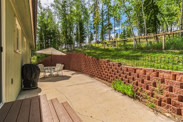 7256 Aspen Meadow Dr, Evergreen, CO 80439 - fenced backyard featuring a patio, outdoor dining space, and a grill