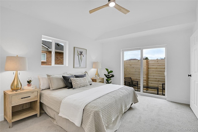 bedroom with light colored carpet, ceiling fan, lofted ceiling, and access to outside