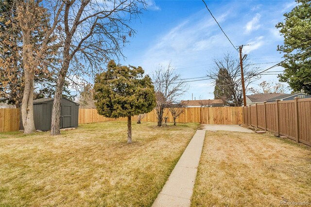 view of yard with an outbuilding, a fenced backyard, and a shed