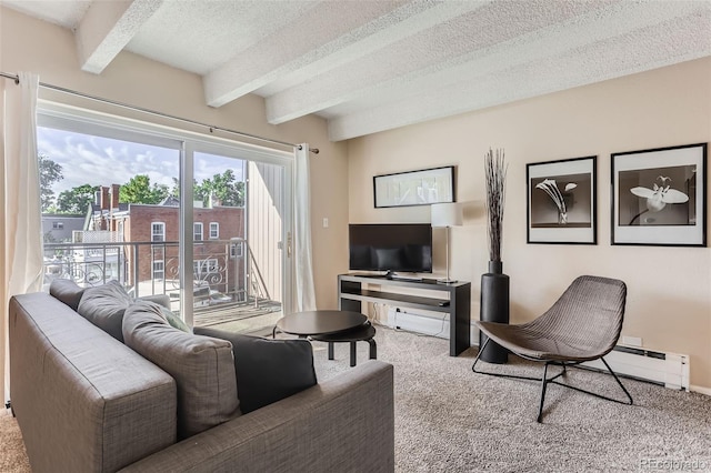 living room featuring carpet floors, a textured ceiling, beam ceiling, and baseboard heating