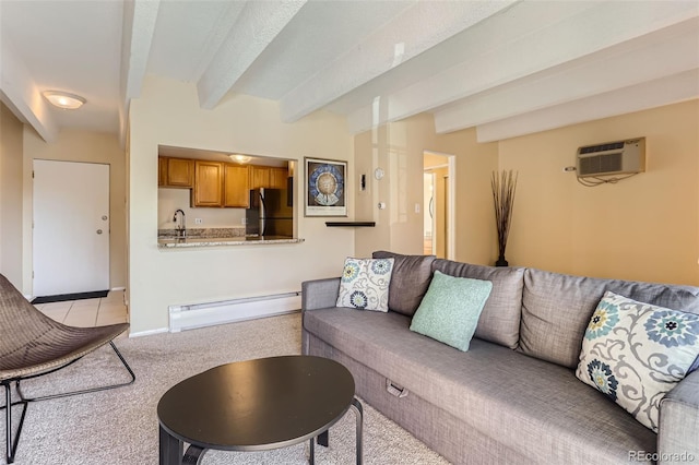 carpeted living room featuring baseboard heating, beamed ceiling, a wall unit AC, and sink