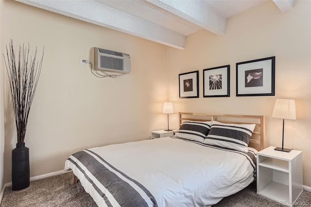 carpeted bedroom featuring beamed ceiling and a wall mounted air conditioner