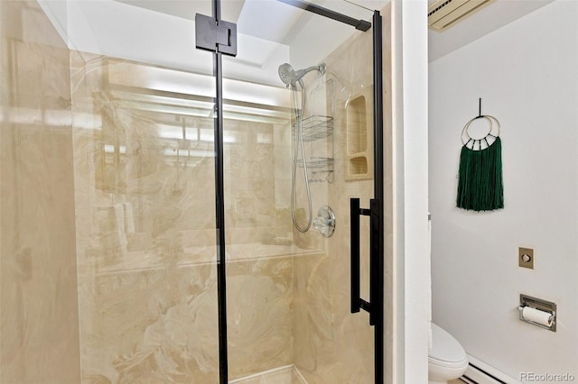 6681 S Abilene Way, Centennial, CO 80111 - full bathroom featuring a stall shower, a baseboard heating unit, and toilet