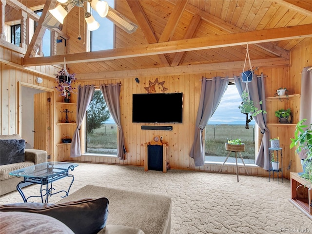 living room with beam ceiling, ceiling fan, wooden ceiling, high vaulted ceiling, and carpet