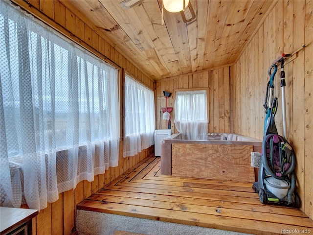 interior space with wood ceiling and wood walls