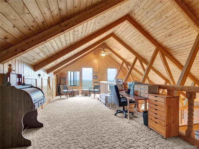 carpeted bedroom with vaulted ceiling with beams, wooden walls, wooden ceiling, and a water view