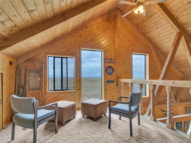 living area featuring lofted ceiling with beams, wooden ceiling, and wooden walls