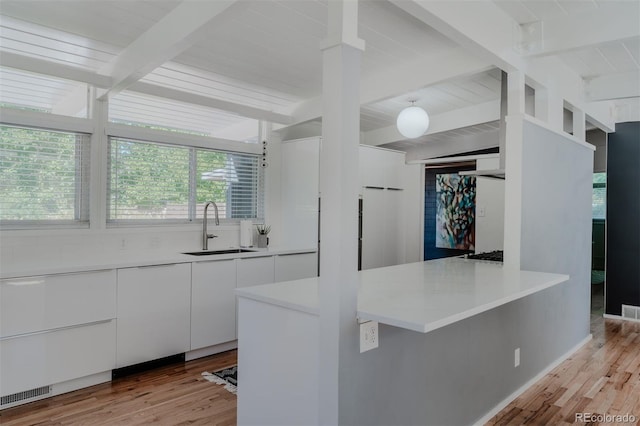 kitchen with beamed ceiling, white cabinetry, sink, stainless steel gas cooktop, and light hardwood / wood-style flooring