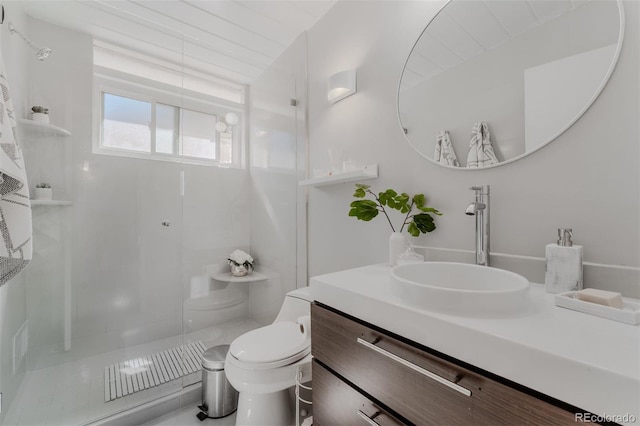 bathroom with a shower, vanity, and toilet