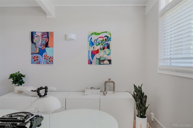 bathroom with beam ceiling