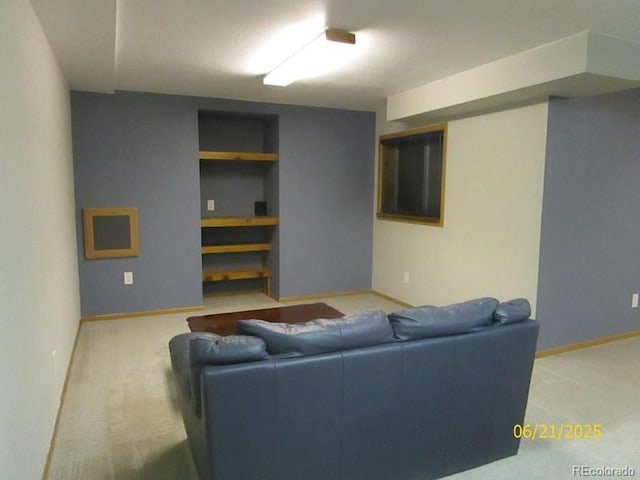 11710 Elk Head Range Rd, Littleton, CO 80127 - carpeted living area with built in shelves and baseboards