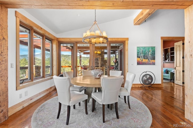 dining area with french doors, an inviting chandelier, vaulted ceiling with beams, and wood-type flooring