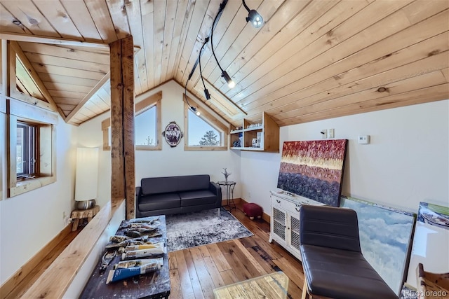 living area with wooden ceiling, lofted ceiling, rail lighting, and wood-type flooring