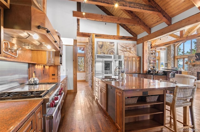 kitchen with island range hood, beamed ceiling, high quality appliances, dark hardwood / wood-style flooring, and sink