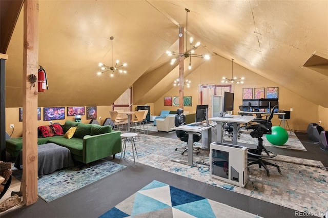 office with lofted ceiling and a chandelier