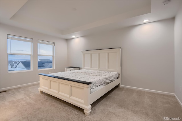 carpeted bedroom featuring a tray ceiling