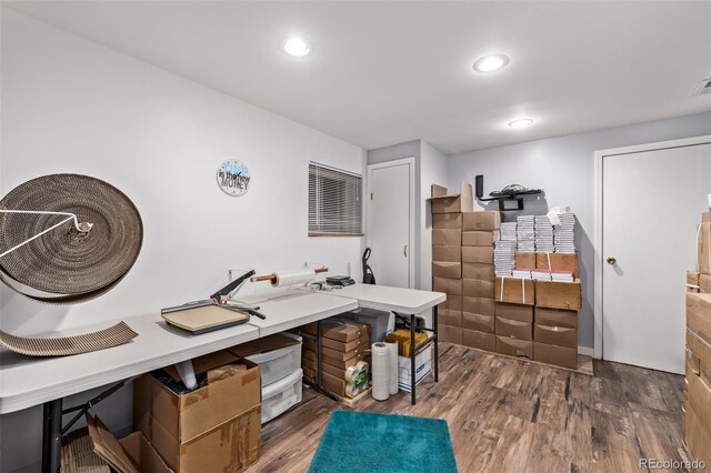 home office with recessed lighting, visible vents, and wood finished floors