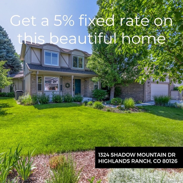 1324 Shadow Mountain Dr, Highlands Ranch, CO 80126 - view of front of house with a front lawn, brick siding, and a garage