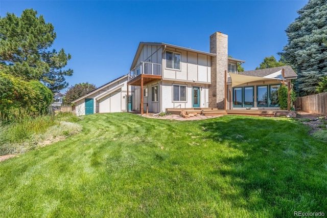 1324 Shadow Mountain Dr, Highlands Ranch, CO 80126 - rear view of house with a chimney, a balcony, a sunroom, and board and batten siding