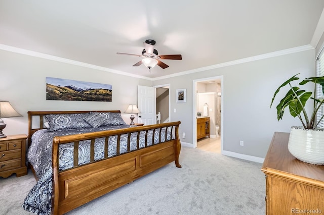 8985 W Quarto Pl, Littleton, CO 80128 - bedroom featuring light colored carpet, crown molding, and connected bathroom