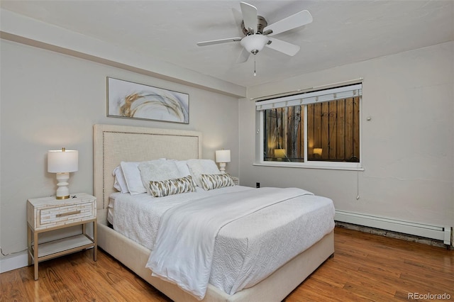 bedroom featuring wood-type flooring, ceiling fan, and baseboard heating