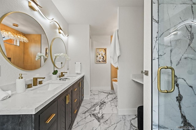 14950 W 32nd Ave, Golden, CO 80401 - full bath with marble look tiles, double vanity, a marble finish shower, a chandelier, and a soaking tub