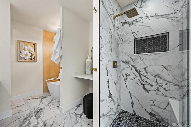 14950 W 32nd Ave, Golden, CO 80401 - bathroom featuring a freestanding bath, a marble finish shower, and marble look tiles