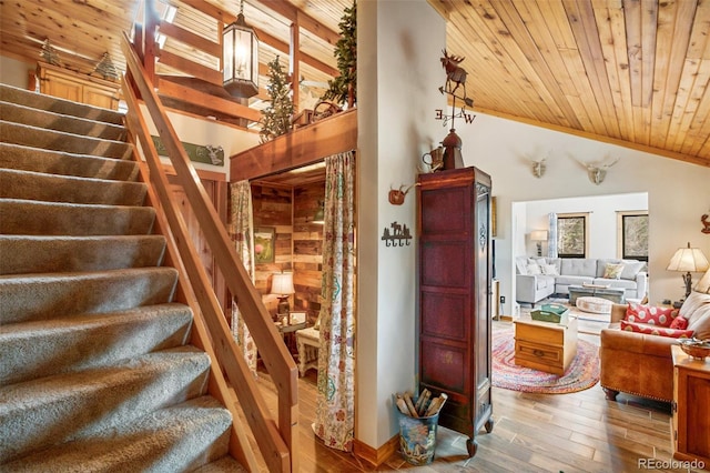 34 Nebraska Cir, Florissant, CO 80816 - staircase with wooden ceiling, wood finished floors, and vaulted ceiling