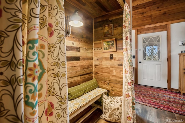 34 Nebraska Cir, Florissant, CO 80816 - bathroom featuring wood finished floors, wooden ceiling, and wooden walls