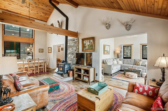 34 Nebraska Cir, Florissant, CO 80816 - living area featuring wood ceiling, wood finished floors, high vaulted ceiling, and a wood stove