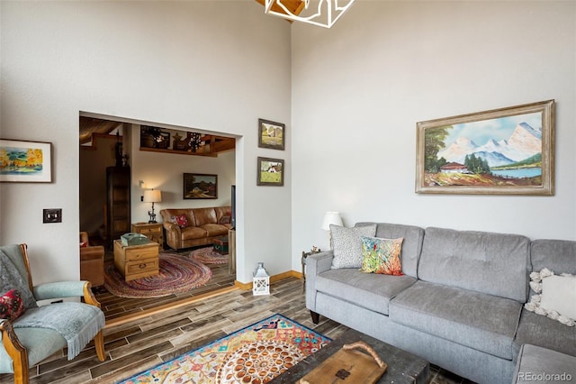 34 Nebraska Cir, Florissant, CO 80816 - living room with baseboards, wood finished floors, and a towering ceiling