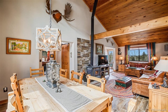34 Nebraska Cir, Florissant, CO 80816 - dining room with wood finished floors, lofted ceiling with beams, wood ceiling, an inviting chandelier, and a wood stove
