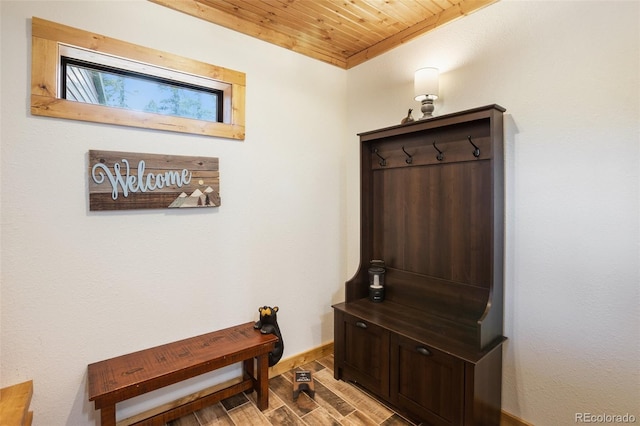 34 Nebraska Cir, Florissant, CO 80816 - mudroom featuring wood ceiling, baseboards, and wood finished floors