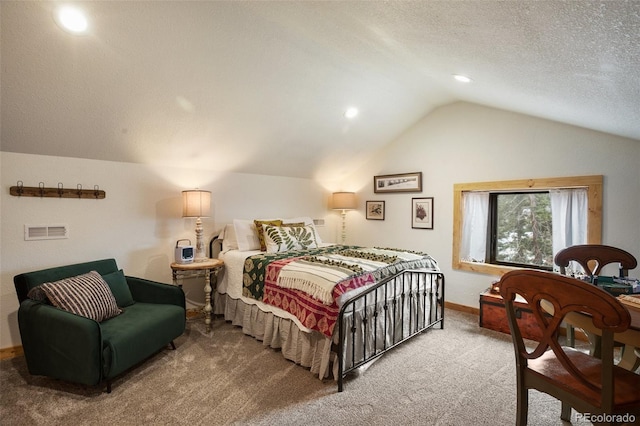34 Nebraska Cir, Florissant, CO 80816 - carpeted bedroom featuring recessed lighting, lofted ceiling, visible vents, baseboards, and a textured ceiling
