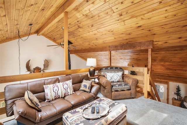 34 Nebraska Cir, Florissant, CO 80816 - carpeted living room with vaulted ceiling with beams, wood ceiling, and ceiling fan