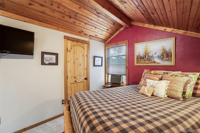 34 Nebraska Cir, Florissant, CO 80816 - bedroom featuring wooden ceiling, carpet floors, vaulted ceiling with beams, and baseboards
