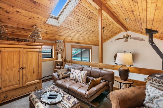 34 Nebraska Cir, Florissant, CO 80816 - living room featuring a ceiling fan, wooden ceiling, carpet floors, a baseboard radiator, and vaulted ceiling with skylight