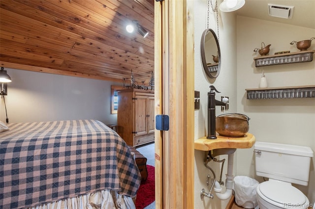 34 Nebraska Cir, Florissant, CO 80816 - bedroom with carpet, visible vents, wood ceiling, and a sink