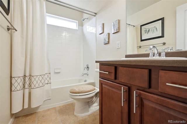 full bath featuring vanity, shower / bath combination with curtain, toilet, and tile patterned floors