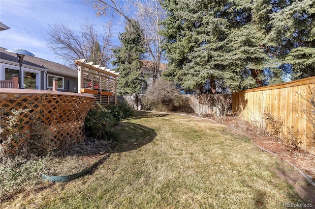 view of yard featuring a deck and a fenced backyard