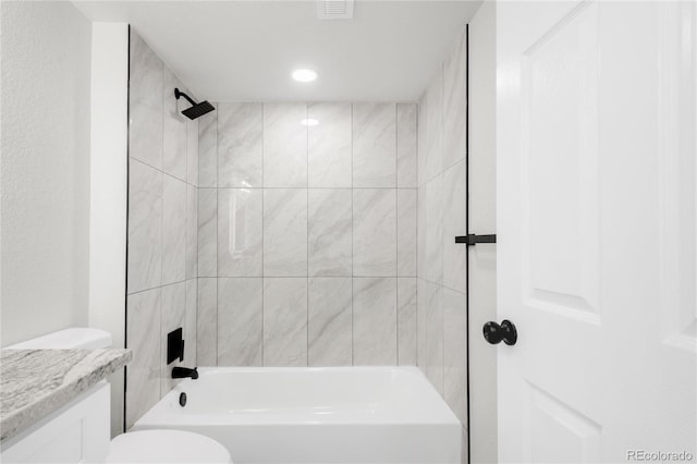 full bath featuring bathtub / shower combination, toilet, and visible vents