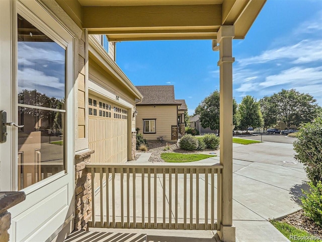 view of patio featuring a garage