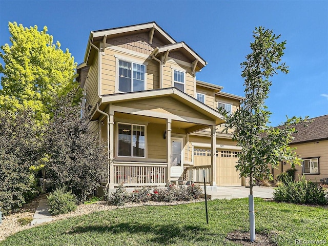 craftsman-style home with a porch, a front yard, and a garage