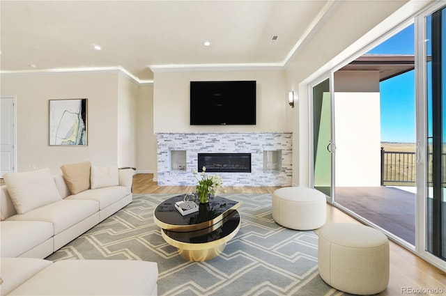 living room featuring crown molding and hardwood / wood-style floors