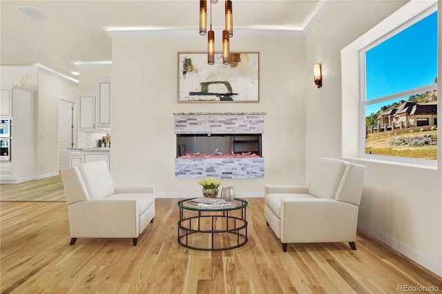 living area with ornamental molding, light hardwood / wood-style floors, and a multi sided fireplace