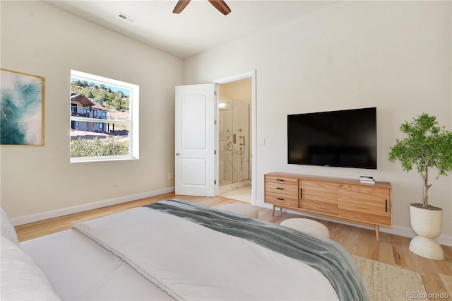 bedroom with ceiling fan and light wood-type flooring