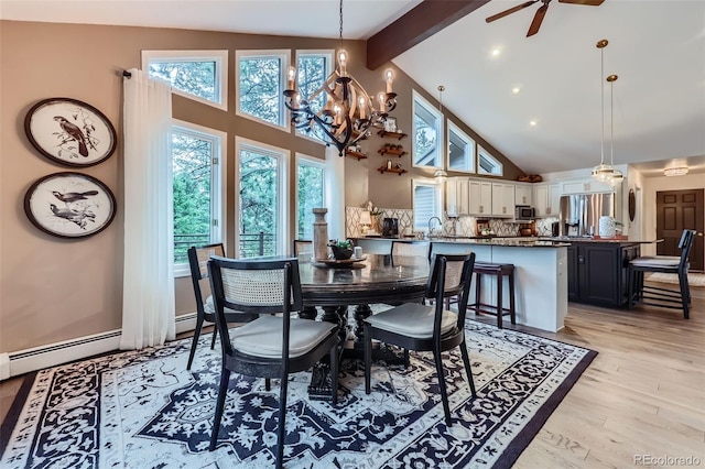 4856 Cheyenne Dr, Larkspur, CO 80118 - dining space with a chandelier, high vaulted ceiling, a ceiling fan, beamed ceiling, and light wood-style floors