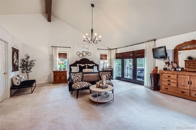 4856 Cheyenne Dr, Larkspur, CO 80118 - bedroom with access to exterior, light colored carpet, high vaulted ceiling, beamed ceiling, and multiple windows