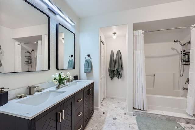 4856 Cheyenne Dr, Larkspur, CO 80118 - bathroom with double vanity and shower / bath combo with shower curtain