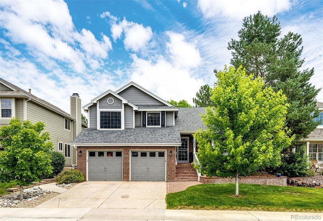 9846 Spring Hill Ln, Highlands Ranch, CO 80129 - view of front of property with brick siding, an attached garage, roof with shingles, driveway, and a front yard